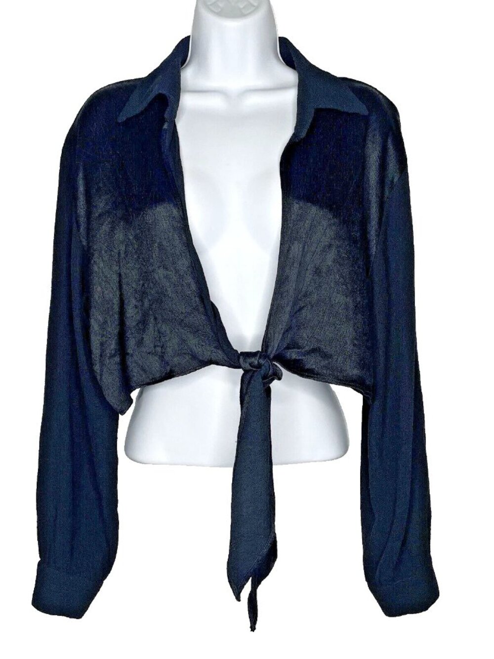 Vintage 90s/Y2K Mystic Blouse Crop Top Size L Black Satin Tie Front Long Sleeve